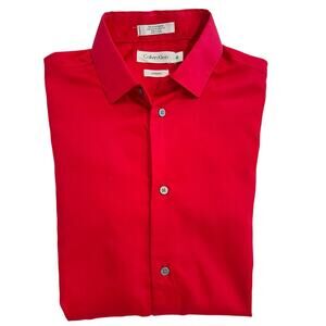 NWT Calvin Klein Boys 18 SATEEN Long Sleeve Button Down Shirt Collared RED $34